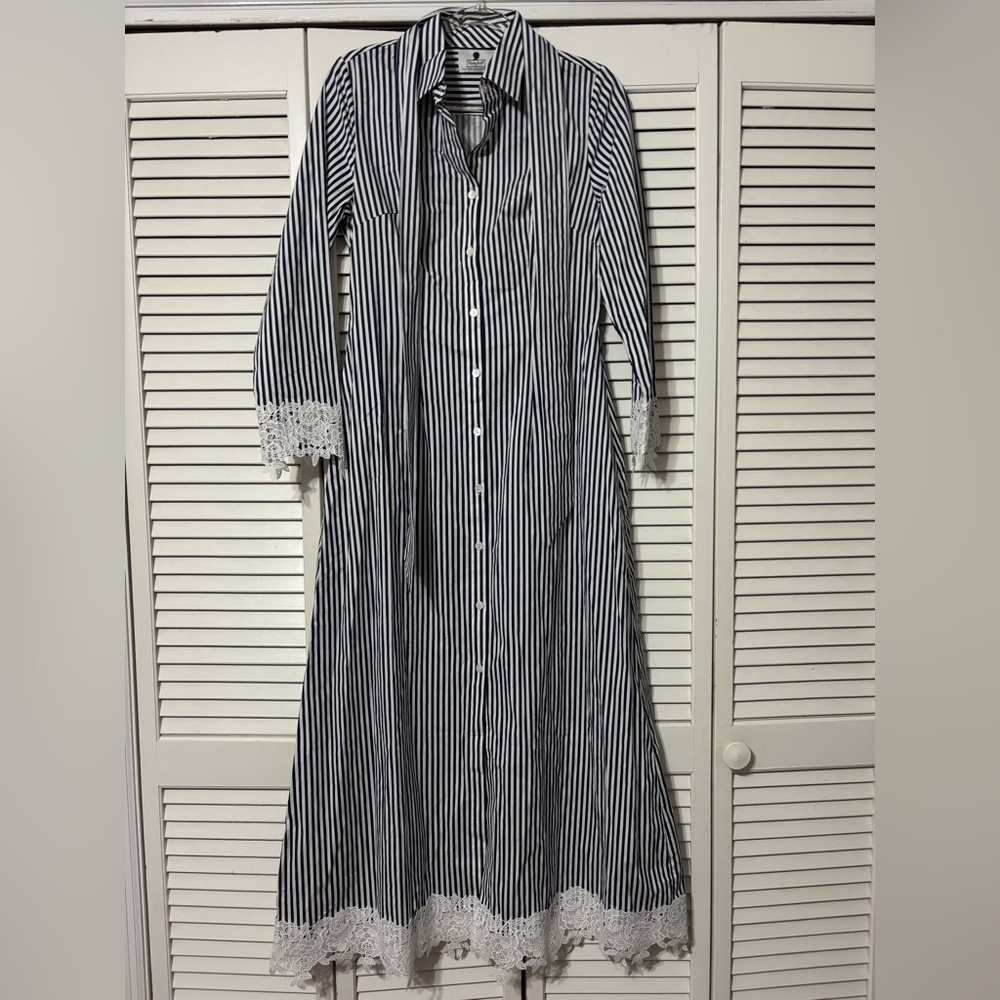 Dainty Jewells Navy and White Striped Dress with Lace Trim